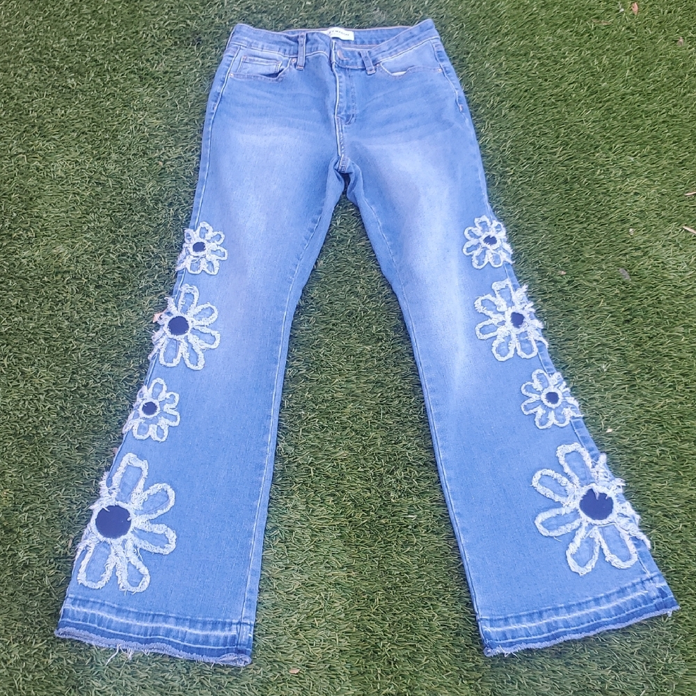 Ashley Mason Jeans Womens 5/27 Flare Bell Bottom Floral Frayed Hem